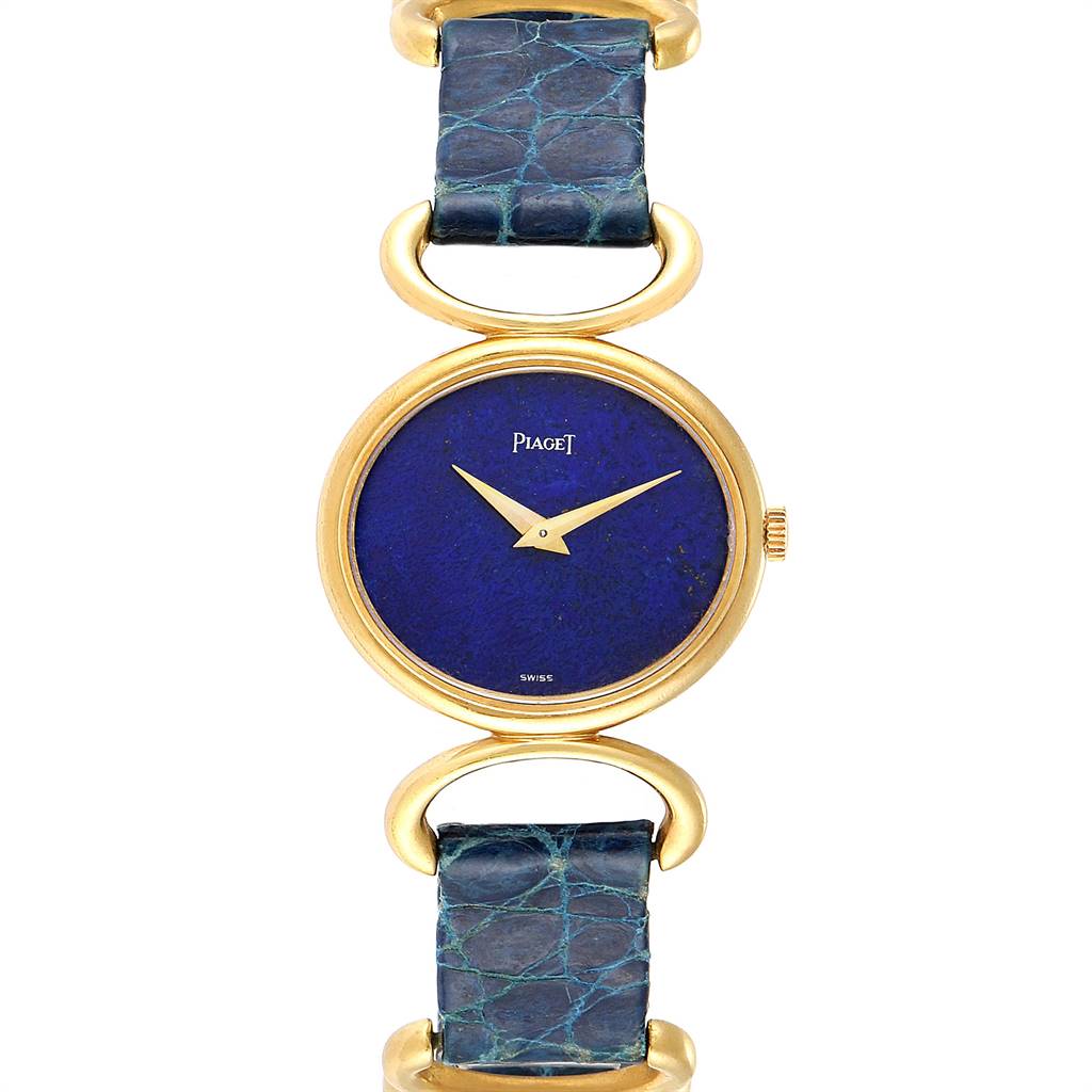 The image shows a front view of the Piaget 9451 Women's Yellow Gold Blue Dial 9451 Women's Yellow Gold Blue Dial Classique Yellow Gold Lapis Dial Vintage Ladies Watch 9451 model, focusing on the dial and strap.