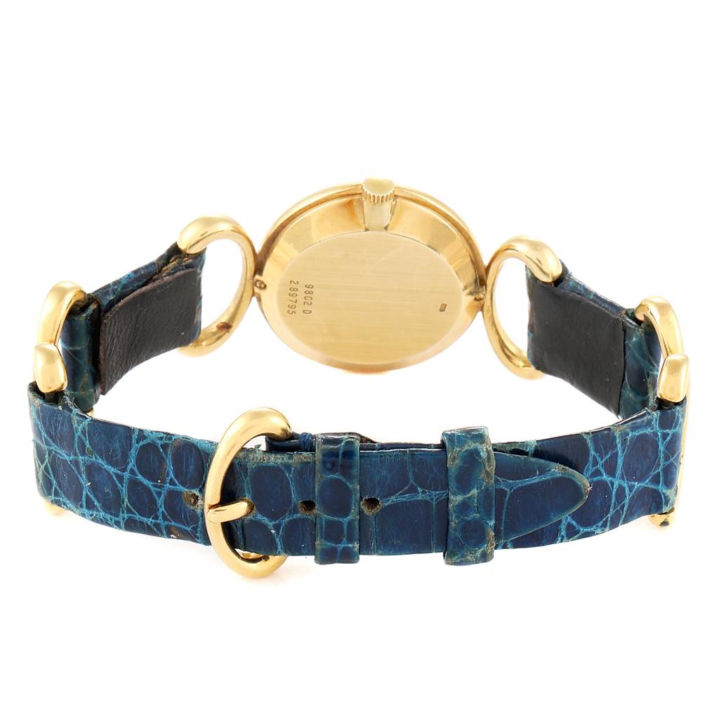 This image shows the rear view of the Piaget 9451 Women's Yellow Gold Blue Dial 9451 Women's Yellow Gold Blue Dial Classique Yellow Gold Lapis Dial Vintage Ladies Watch 9451, featuring the strap and case back.