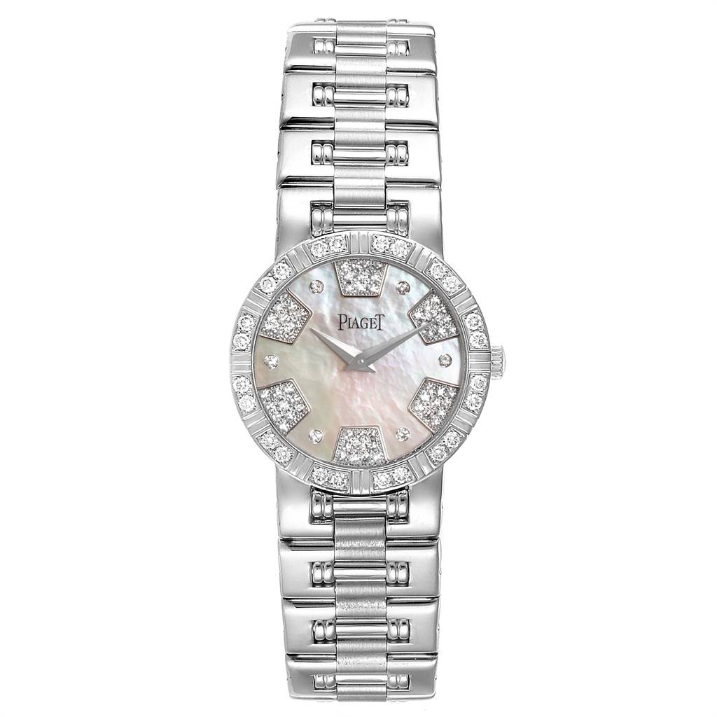 The image shows a front view of the Piaget 26503K81 Women's White Gold Mother of Pearl Dial 26503K81 Women's White Gold Mother of Pearl Dial Dancer White Gold Mother of Pearl Diamond Ladies Watch 80564 model, displaying its face and bracelet.