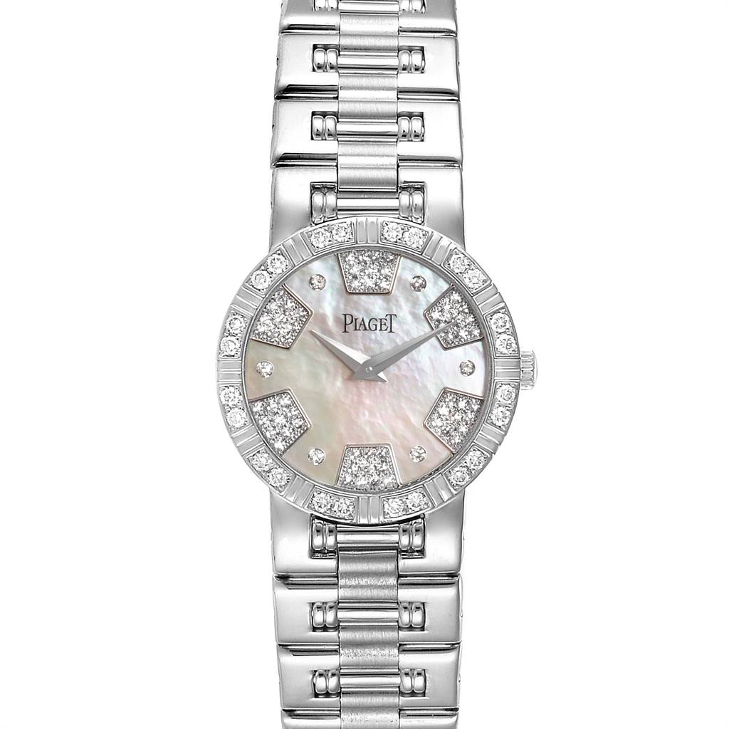 The image shows a front view of the Piaget 26503K81 Women's White Gold Mother of Pearl Dial 26503K81 Women's White Gold Mother of Pearl Dial Dancer White Gold Mother of Pearl Diamond Ladies Watch 80564 model, displaying its face and part of the band.