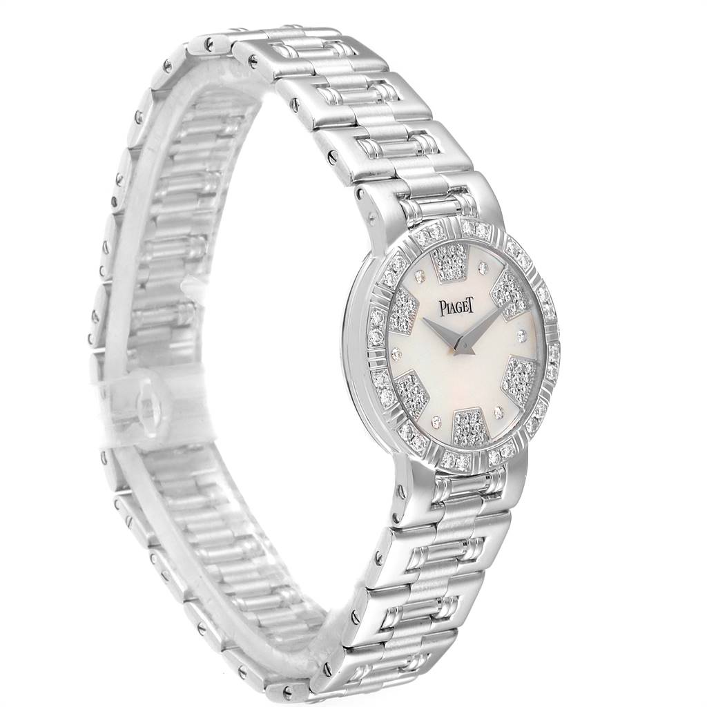 This is a side-angle view of the Piaget 26503K81 Women's White Gold Mother of Pearl Dial 26503K81 Women's White Gold Mother of Pearl Dial Dancer 80564 model, showcasing the watch face, bezel, and bracelet.