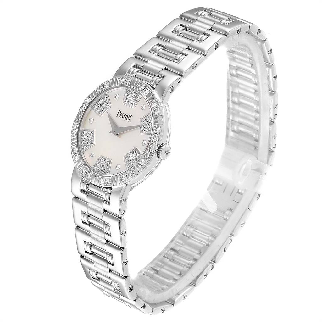 The image shows a perspective view of the Piaget 26503K81 Women's White Gold Mother of Pearl Dial 26503K81 Women's White Gold Mother of Pearl Dial Dancer White Gold Mother of Pearl Diamond Ladies Watch 80564, highlighting its face and bracelet.