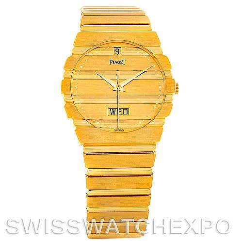 The image shows a front view of the Piaget Men's Yellow Gold Champagne Dial Men's Yellow Gold Champagne Dial Polo 18K Yellow Gold Day Date Men's Watch.