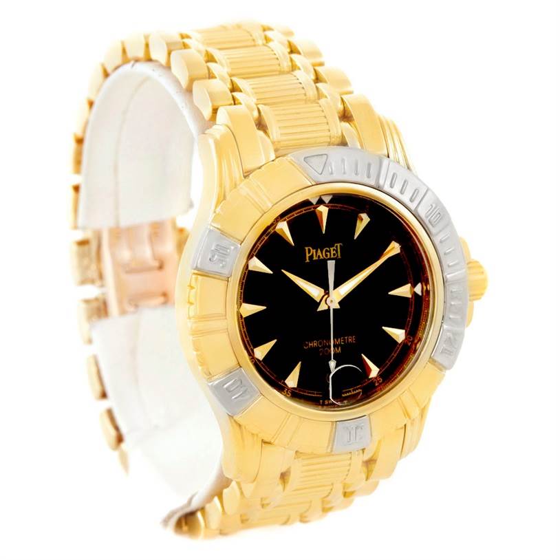 The Piaget Men's Yellow Gold Black Dial Men's Yellow Gold Black Dial Polo Key Dive 25020 watch is shown at a three-quarter angle, highlighting the 18K yellow and white gold case, bezel, and bracelet.