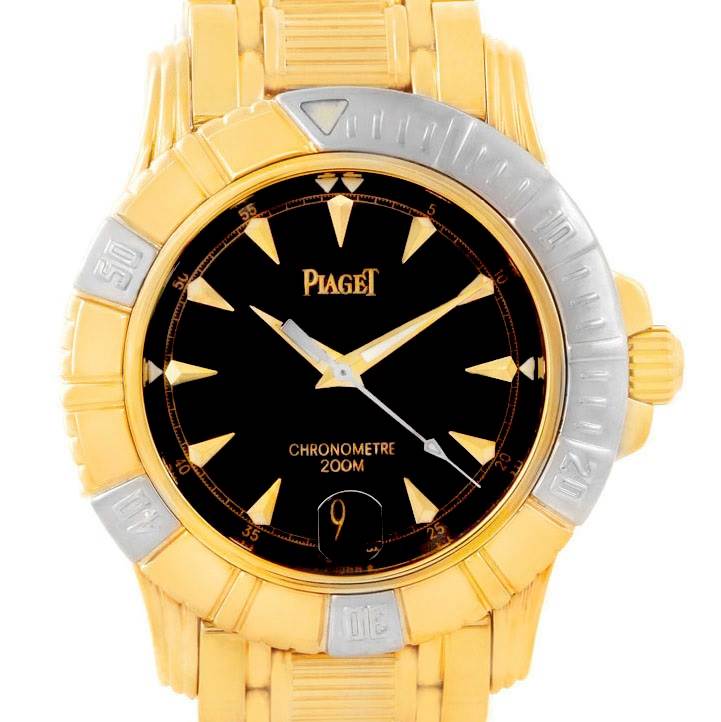The Piaget Men's Yellow Gold Black Dial Men's Yellow Gold Black Dial Polo Key Dive 18K Yellow and White Gold Mens Watch 25020 is shown from the front, displaying the dial and bezel.