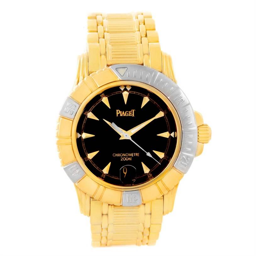 The image shows a front view of the Piaget Men's Yellow Gold Black Dial Men's Yellow Gold Black Dial Polo Key Dive 18K Yellow and White Gold Mens Watch 25020, displaying the dial and bracelet.