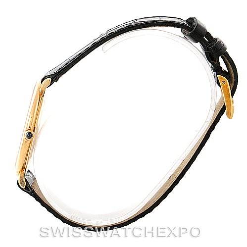 The image shows a side profile view of a Piaget 9035 Men
s Yellow Gold White Dial 9035 Men
s Yellow Gold White Dial 18K Yellow Gold Mechanical Mens Watch 9035, highlighting the gold case and leather strap.