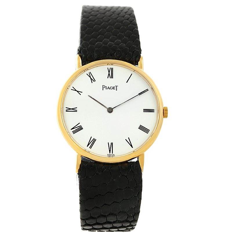 This image shows a front view of a Piaget 9025 Men's Yellow Gold White Dial 9025 Men's Yellow Gold White Dial 18K Yellow Gold Mechanical Men's Watch 9025 with a black leather strap.