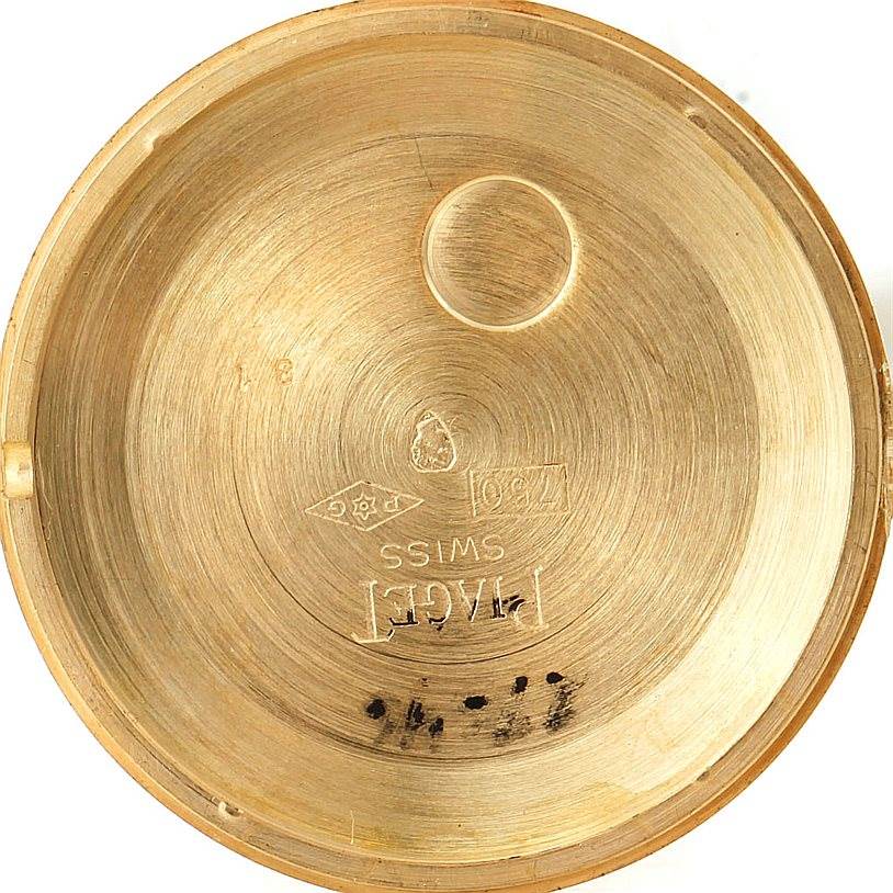 This image shows the inside of the case back for the Piaget 9025 Men's Yellow Gold White Dial 9025 Men's Yellow Gold White Dial 9025 model, 18K Yellow Gold Mechanical Men's Watch.