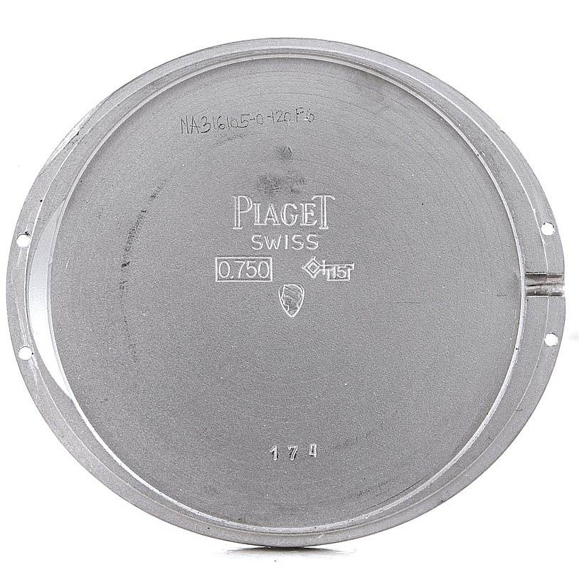 This image shows the case back of the Piaget 12501 Men's White Gold White Dial 12501 Men's White Gold White Dial 12501 model 18K White Gold Automatic Men's Watch.