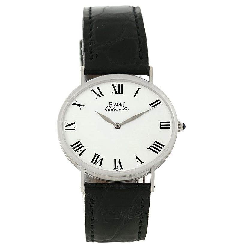 This image shows the front view of the Piaget 12501 Men's White Gold White Dial 12501 Men's White Gold White Dial 12501 18K White Gold Automatic Men's Watch with its dial, case, and strap visible.
