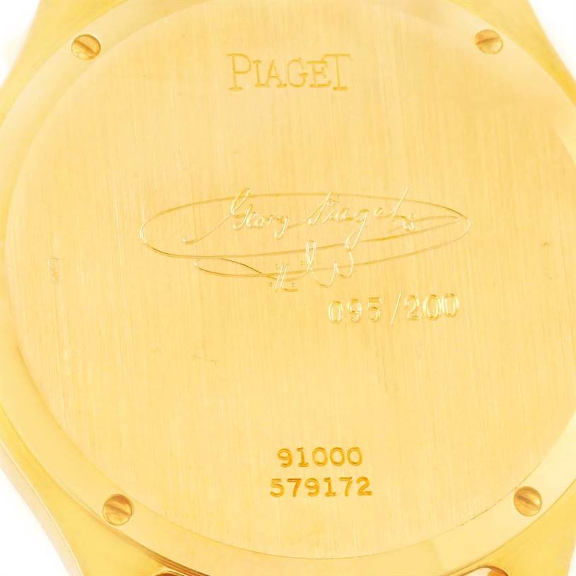 The image shows the back case of a Piaget 91000 Men's Yellow Gold Silver Dial 91000 Men's Yellow Gold Silver Dial 91000 18K Yellow Gold Mechanical Limited Edition Men's Watch.