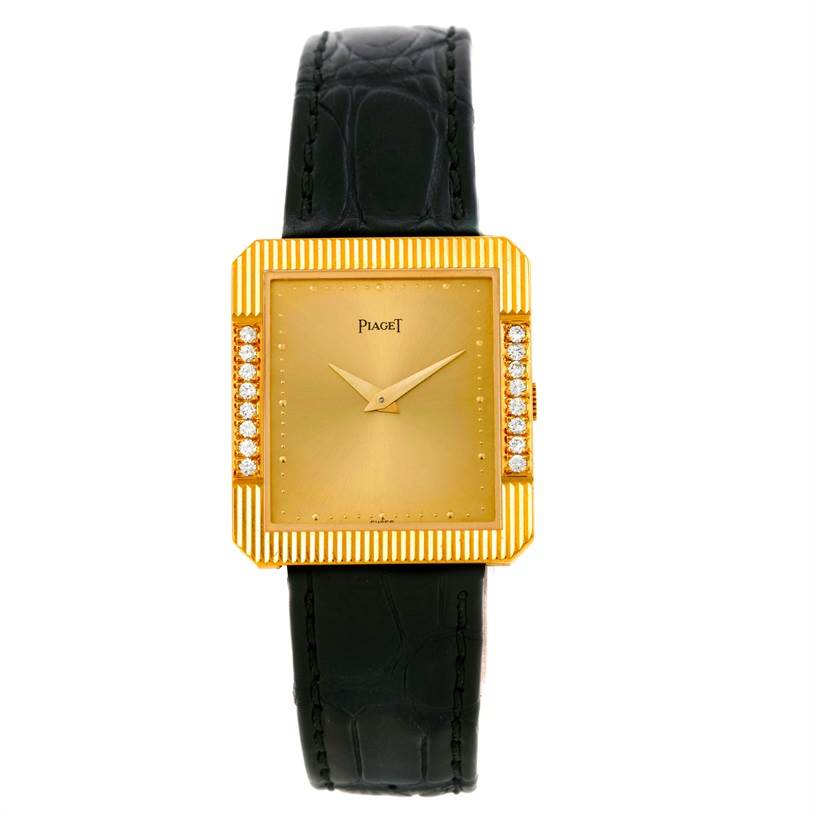 This image shows a front view of the Piaget Men's Yellow Gold Champagne Dial Men's Yellow Gold Champagne Dial 18K Yellow Gold Cushion Shape Diamond Mechanical Men's Watch with a black leather strap.