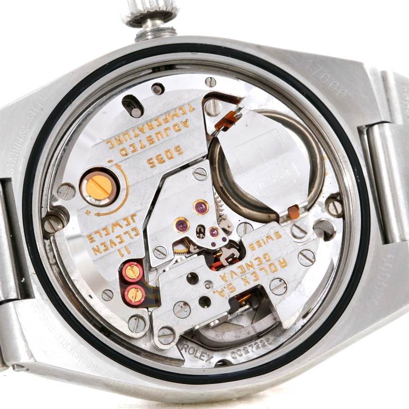 The image shows the internal movement mechanism of a Rolex Oysterquartz 17000 Men
s Stainless Steel White Dial 17000 Men
s Stainless Steel White Dial model from the rear angle with the case back removed.