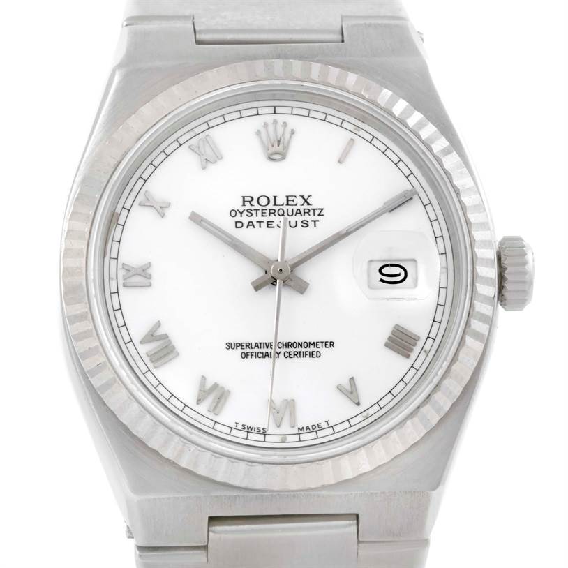 The Rolex Oysterquartz 17000 Men
s Stainless Steel White Dial 17000 Men
s Stainless Steel White Dial watch is shown from a close-up frontal angle highlighting the dial, bezel, and bracelet.