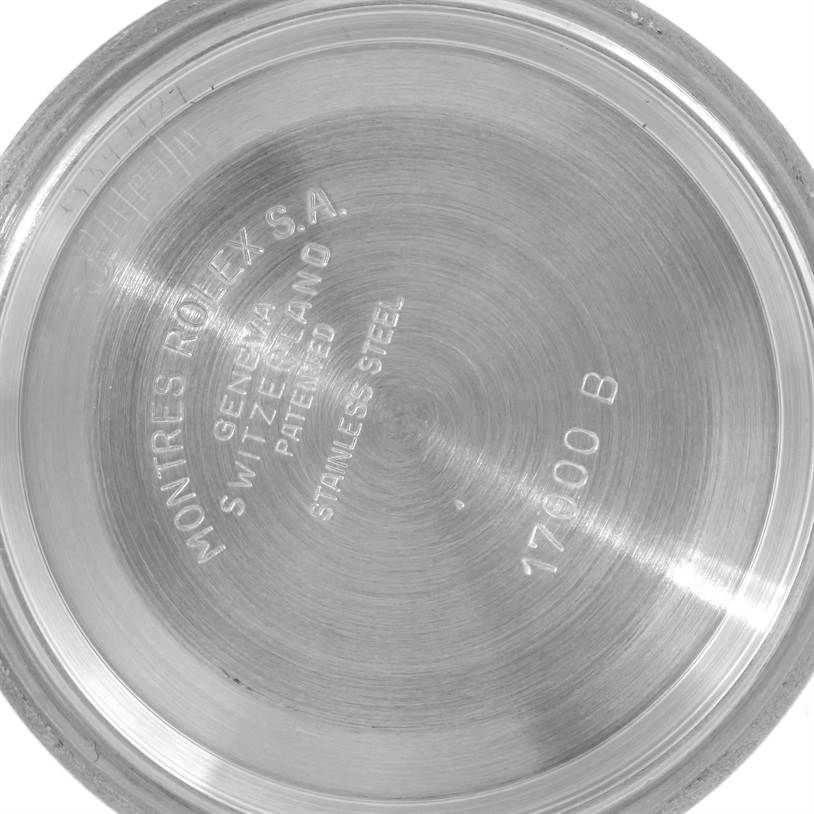 The image shows the inside case back of a Rolex Oysterquartz 17000 Men
s Stainless Steel White Dial 17000 Men
s Stainless Steel White Dial watch, displaying model and brand engravings.