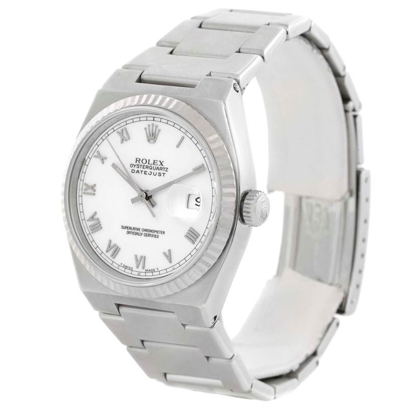 The image shows a Rolex Oysterquartz 17000 Men
s Stainless Steel White Dial 17000 Men
s Stainless Steel White Dial Datejust watch at a front angle, displaying the dial, bezel, crown, and bracelet.