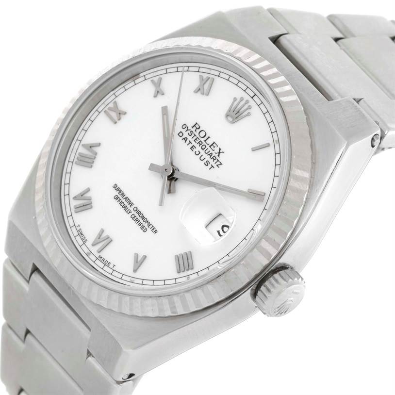 The image shows the face, crown, and part of the bracelet of a Rolex Oysterquartz 17000 Men
s Stainless Steel White Dial 17000 Men
s Stainless Steel White Dial Datejust watch.