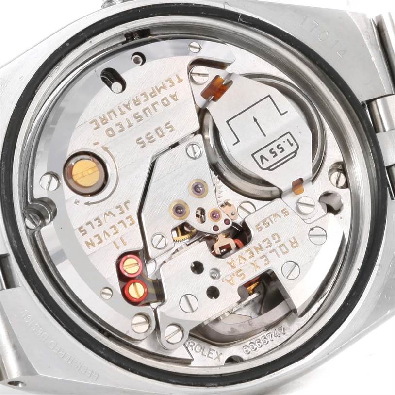 The image shows the internal mechanism of a Rolex Oysterquartz 17014 Men's Stainless Steel White Dial 17014 Men's Stainless Steel White Dial watch from a top-down angle.