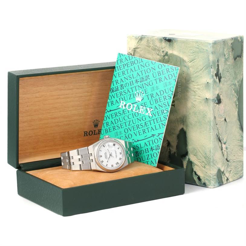 The image shows a Rolex Oysterquartz 17014 Men's Stainless Steel White Dial 17014 Men's Stainless Steel White Dial watch in its open box, along with accompanying booklets and outer packaging.