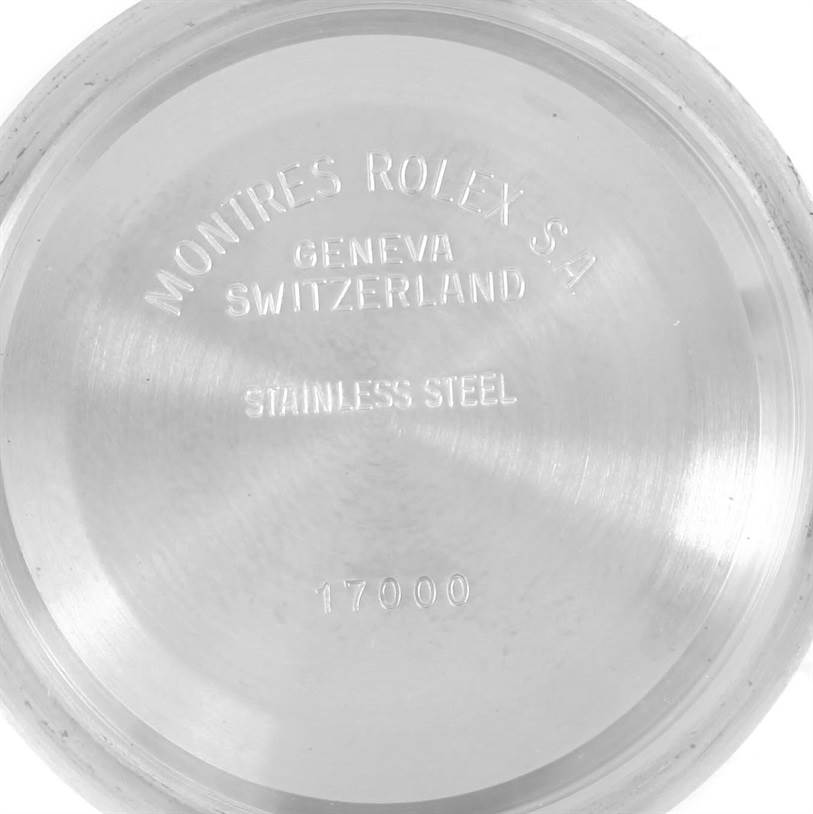 This is a close-up view of the case back for the Rolex Oysterquartz 17014 Men's Stainless Steel White Dial 17014 Men's Stainless Steel White Dial, showing engraved details like "Montres Rolex S.A." and "17000".