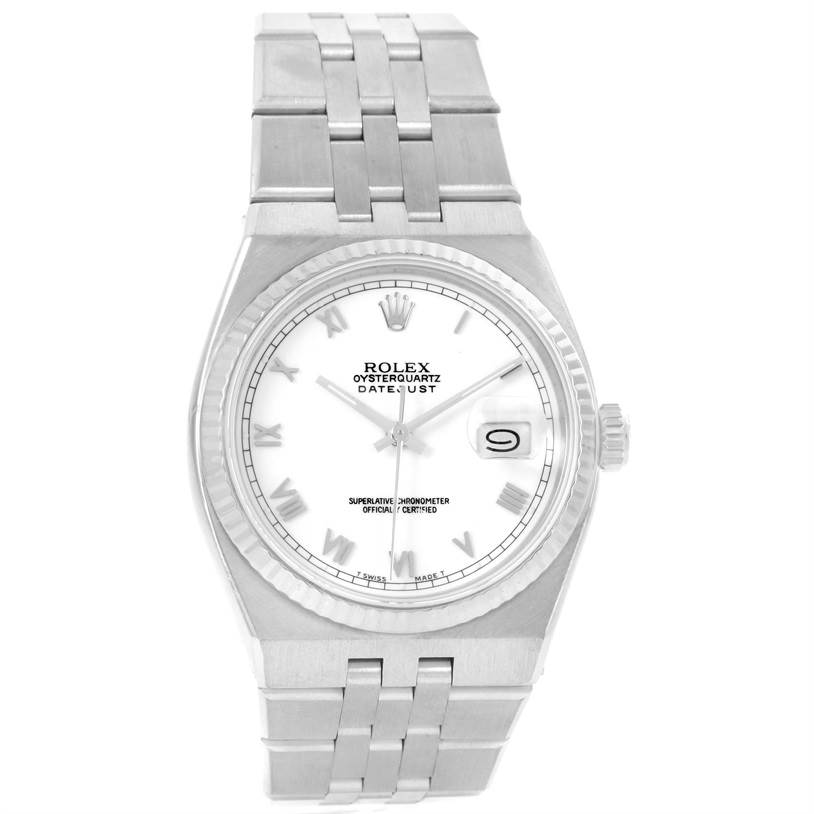 The image shows a front view of the Rolex Oysterquartz 17014 Men's Stainless Steel White Dial 17014 Men's Stainless Steel White Dial Datejust watch, displaying its face, dial, and bracelet.