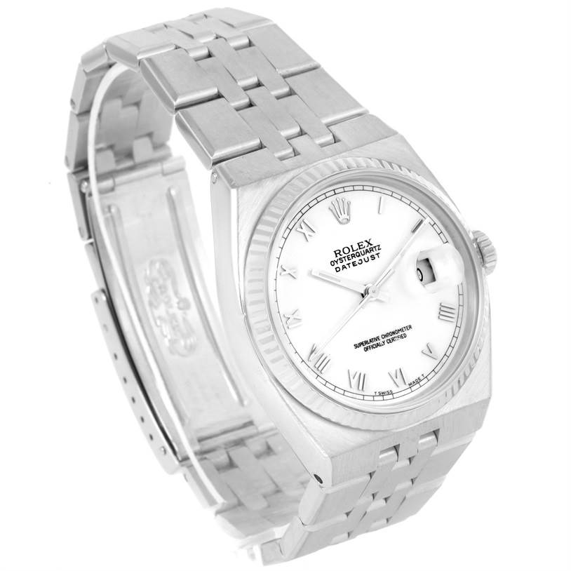 This image shows a Rolex Oysterquartz 17014 Men's Stainless Steel White Dial 17014 Men's Stainless Steel White Dial Datejust watch at a slight angle, revealing the face, bezel, crown, and partially open bracelet.