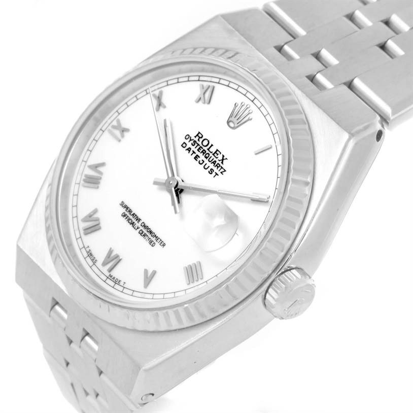 The image shows a Rolex Oysterquartz 17014 Men's Stainless Steel White Dial 17014 Men's Stainless Steel White Dial Datejust watch at an oblique angle, highlighting the dial, bezel, crown, and part of the bracelet.