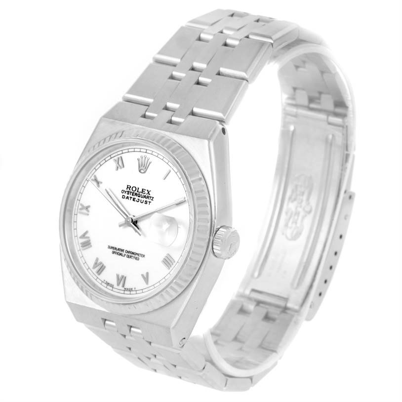 This image shows a silver Rolex Oysterquartz 17014 Men's Stainless Steel White Dial 17014 Men's Stainless Steel White Dial Datejust from an angled side view, highlighting its dial, bezel, bracelet, and clasp.
