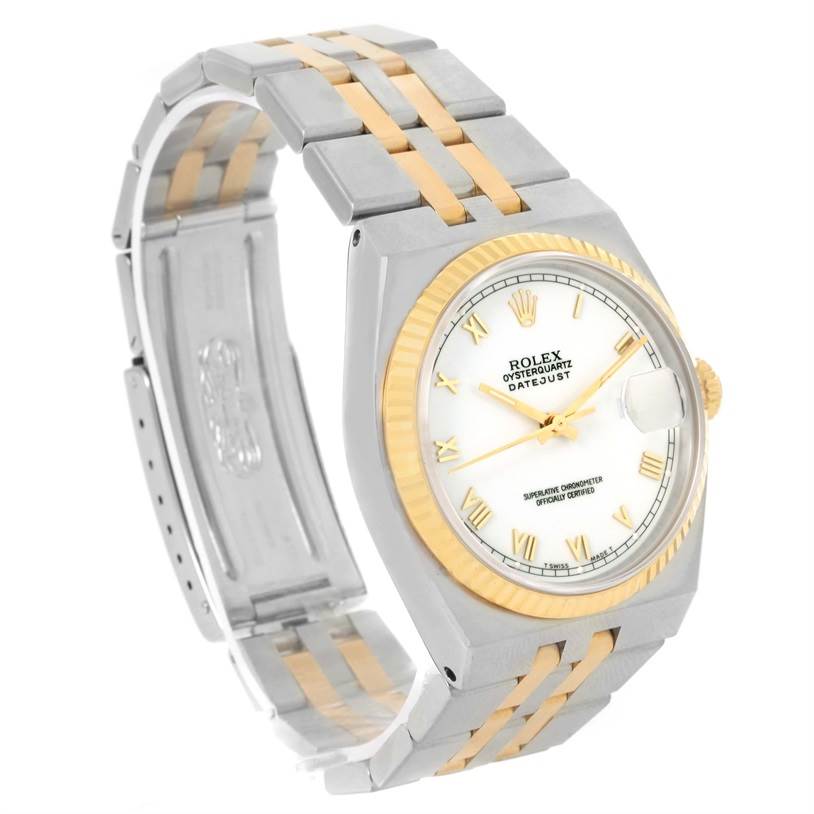 The image shows a Rolex Oysterquartz 17013 Men's Stainless Steel White Dial 17013 Men's Stainless Steel White Dial watch at a slight angle, highlighting its dial, bezel, case, and bracelet.