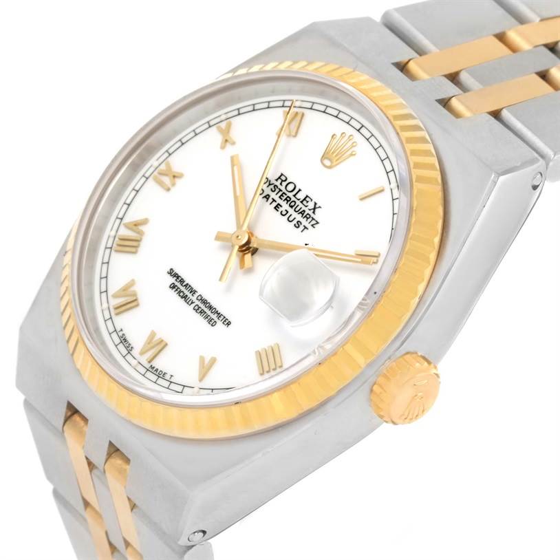 This image shows a Rolex Oysterquartz 17013 Men's Stainless Steel White Dial 17013 Men's Stainless Steel White Dial wristwatch from an angled view, highlighting its gold and silver bracelet, dial, and bezel.
