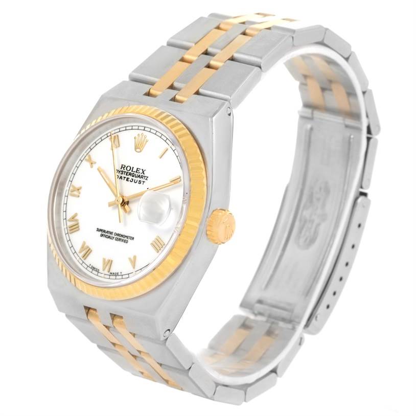 The image shows a Rolex Oysterquartz 17013 Men's Stainless Steel White Dial 17013 Men's Stainless Steel White Dial Datejust watch at a slight angle, highlighting its dial, bezel, crown, and bracelet.