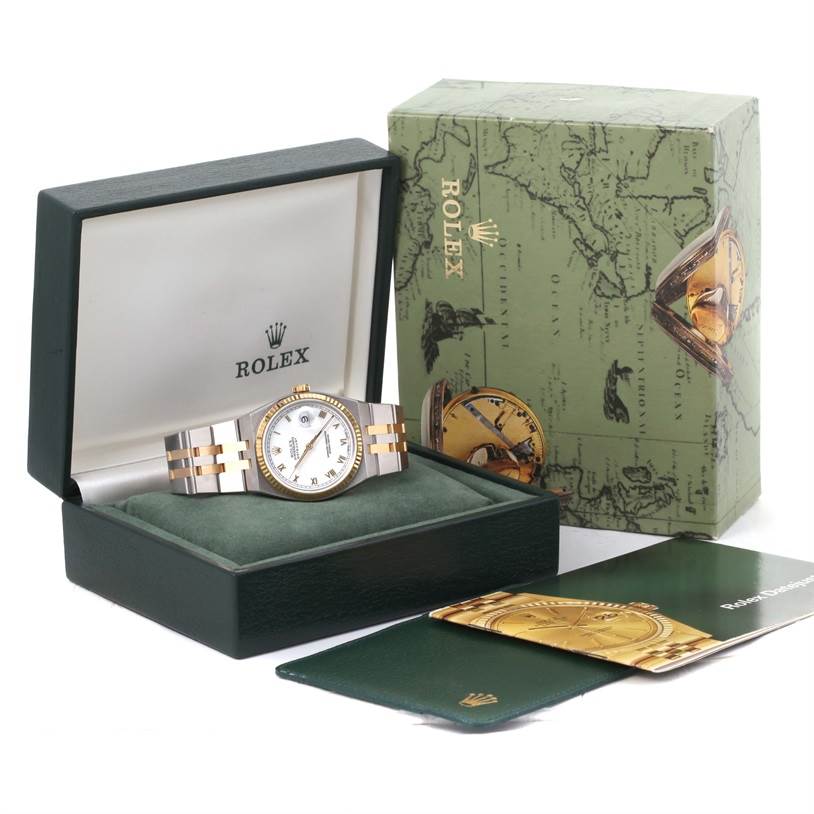 This Rolex Oysterquartz 17013 Men's Stainless Steel White Dial 17013 Men's Stainless Steel White Dial watch is shown from the front, displayed in its box with accompanying documents and packaging.