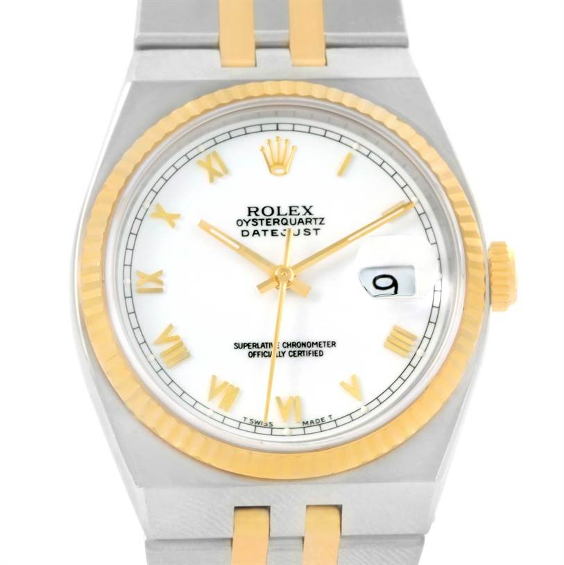 This image shows a front view of the Rolex Oysterquartz 17013 Men's Stainless Steel White Dial 17013 Men's Stainless Steel White Dial Datejust watch, highlighting its dial, bezel, and partial bracelet.