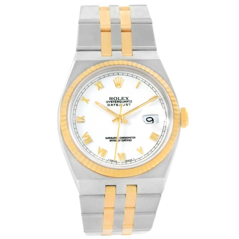 The image shows a Rolex Oysterquartz 17013 Men's Stainless Steel White Dial 17013 Men's Stainless Steel White Dial Datejust watch, featuring a white dial, gold bezel, and two-tone bracelet from a front angle.