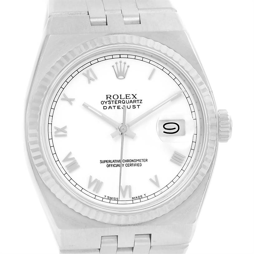 The image shows a front view of the Rolex Oysterquartz 17014 Men's Stainless Steel White Dial 17014 Men's Stainless Steel White Dial Datejust watch, displaying its dial, hands, and bracelet.