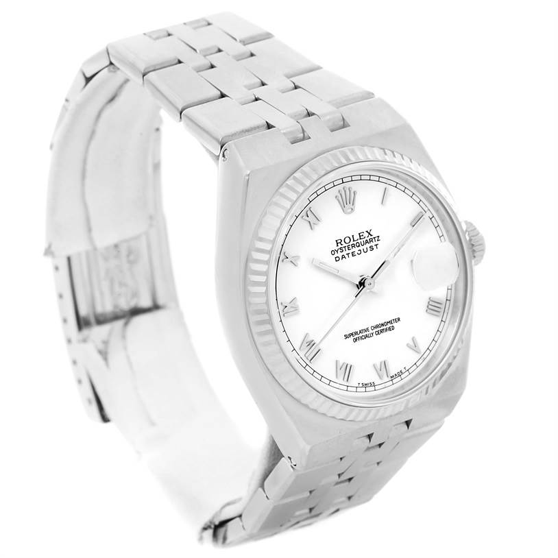 The image shows a Rolex Oysterquartz 17014 Men's Stainless Steel White Dial 17014 Men's Stainless Steel White Dial watch at an angled view, highlighting the dial, bezel, case, crown, and bracelet.