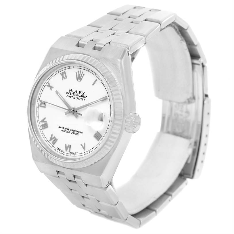 The Rolex Oysterquartz 17014 Men's Stainless Steel White Dial 17014 Men's Stainless Steel White Dial Datejust watch is shown in a front angle, displaying the dial, bracelet, and clasp.