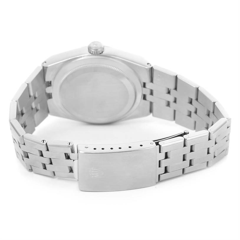 This image shows the back view of a Rolex Oysterquartz 17014 Men's Stainless Steel White Dial 17014 Men's Stainless Steel White Dial watch, focusing on the case back and bracelet.