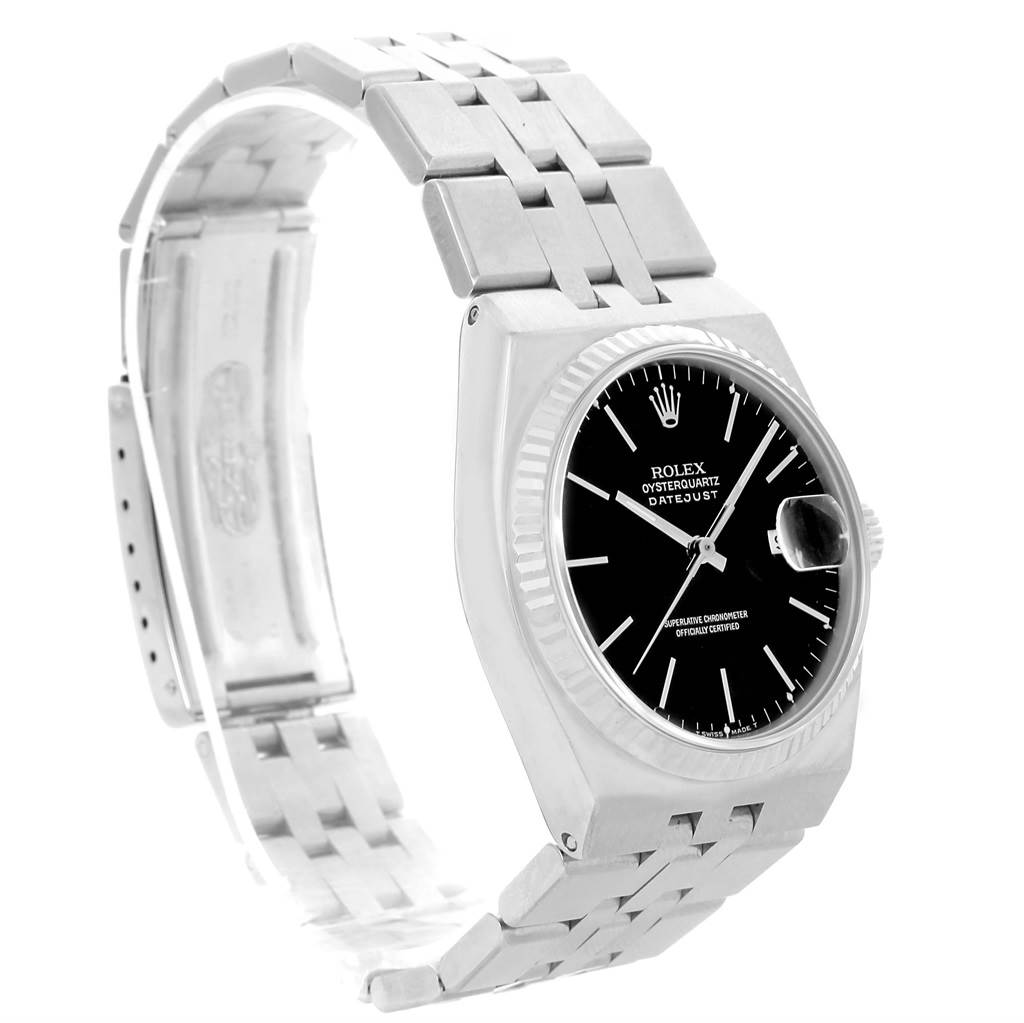 The image shows a side angle of a Rolex Oysterquartz 17014 Men's Stainless Steel White Dial 17014 Men's Stainless Steel White Dial watch displaying its face, bezel, and part of the bracelet.