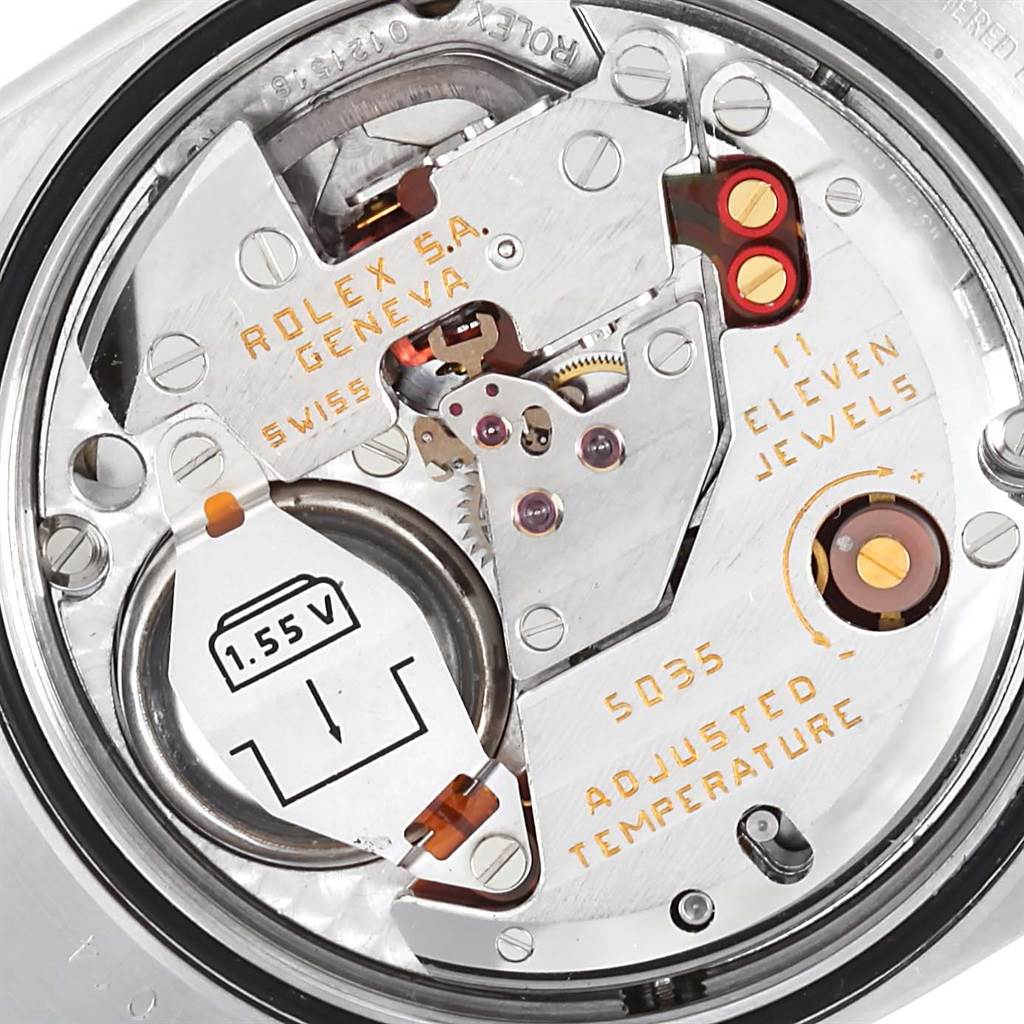 This close-up image shows the inner quartz movement mechanism of the Rolex Oysterquartz 17014 Men's Stainless Steel White Dial 17014 Men's Stainless Steel White Dial model.