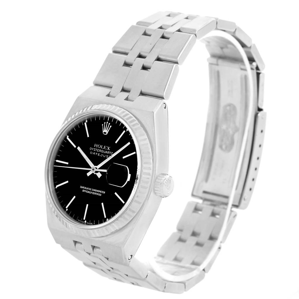 The image shows a Rolex Oysterquartz 17014 Men's Stainless Steel White Dial 17014 Men's Stainless Steel White Dial watch with a silver bracelet and black dial, viewed from an angled side perspective.