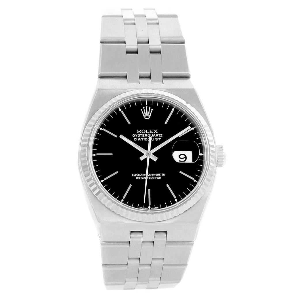 This Rolex Oysterquartz 17014 Men's Stainless Steel White Dial 17014 Men's Stainless Steel White Dial watch is shown from a top-down angle, highlighting its face, bezel, and integrated bracelet.