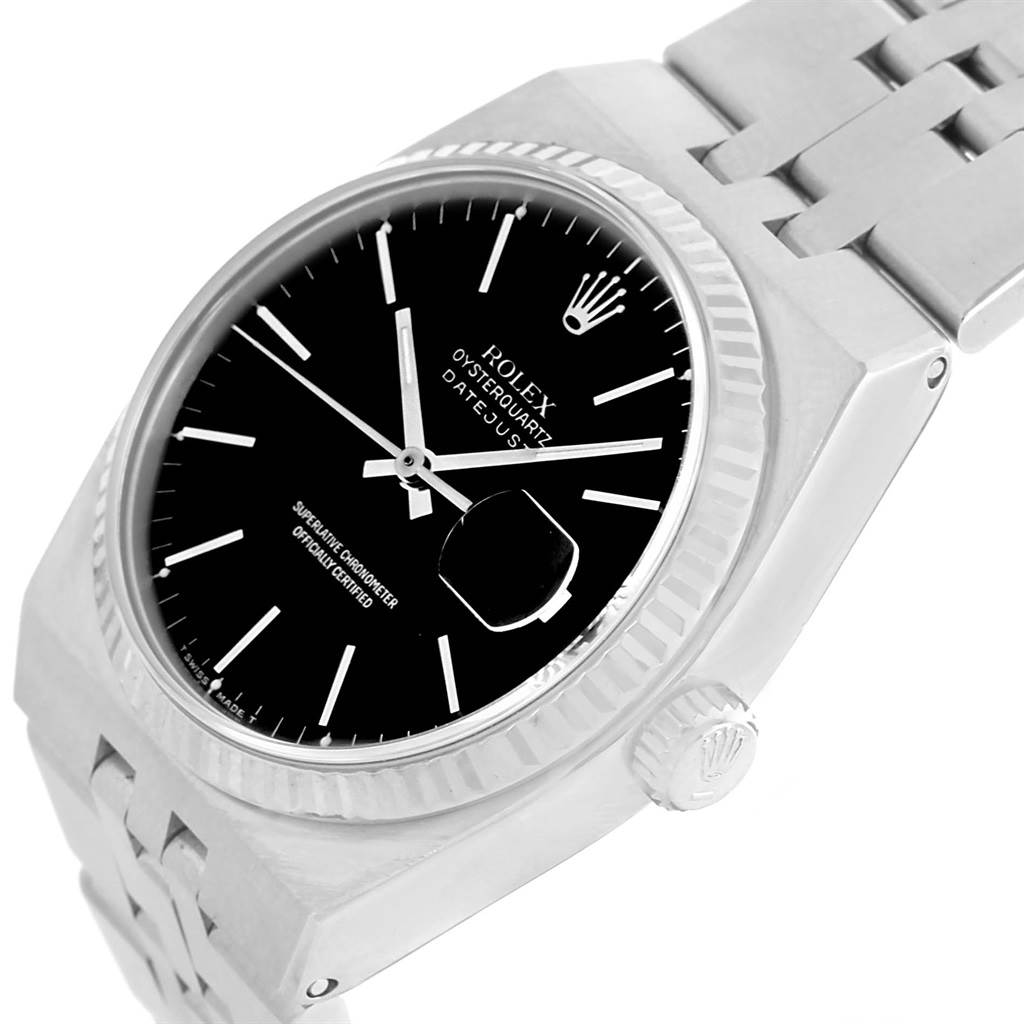 This image displays a close-up angle of the Rolex Oysterquartz 17014 Men's Stainless Steel White Dial 17014 Men's Stainless Steel White Dial model, showcasing the watch face, bezel, crown, and part of the bracelet.