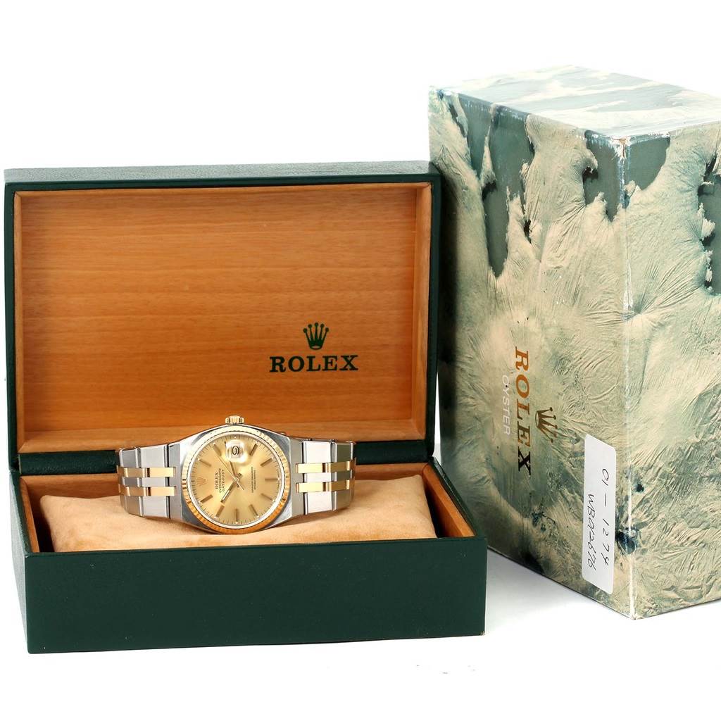 The image shows a Rolex Oysterquartz 17013 Men's Stainless Steel Champagne Dial 17013 Men's Stainless Steel Champagne Dial watch, front view, in its open box, with an outer box displayed beside it.