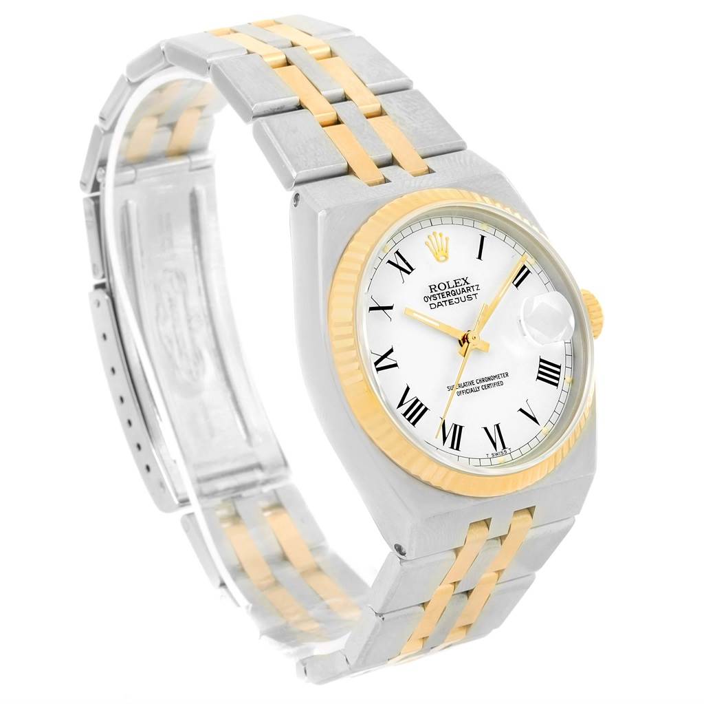 This Rolex Oysterquartz 17013 Men's Stainless Steel White Dial 17013 Men's Stainless Steel White Dial watch is shown at a slight angle, displaying the face, bezel, dial, and part of the bracelet.