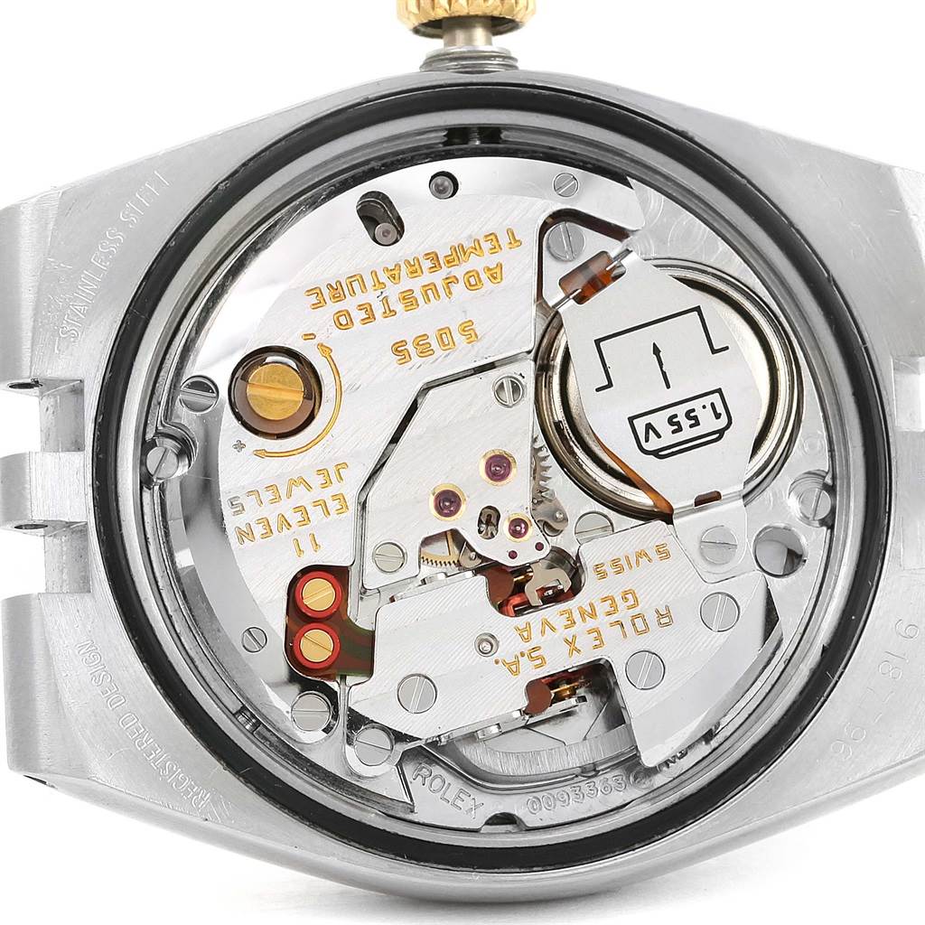 This image captures the internal mechanism and components of a Rolex Oysterquartz 17013 Men's Stainless Steel White Dial 17013 Men's Stainless Steel White Dial watch from the back view.