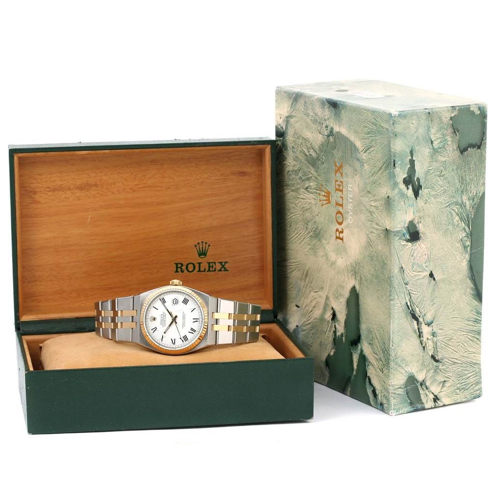 The image shows a Rolex Oysterquartz 17013 Men's Stainless Steel White Dial 17013 Men's Stainless Steel White Dial watch at a front angle, displayed in an open box with an outer box nearby.