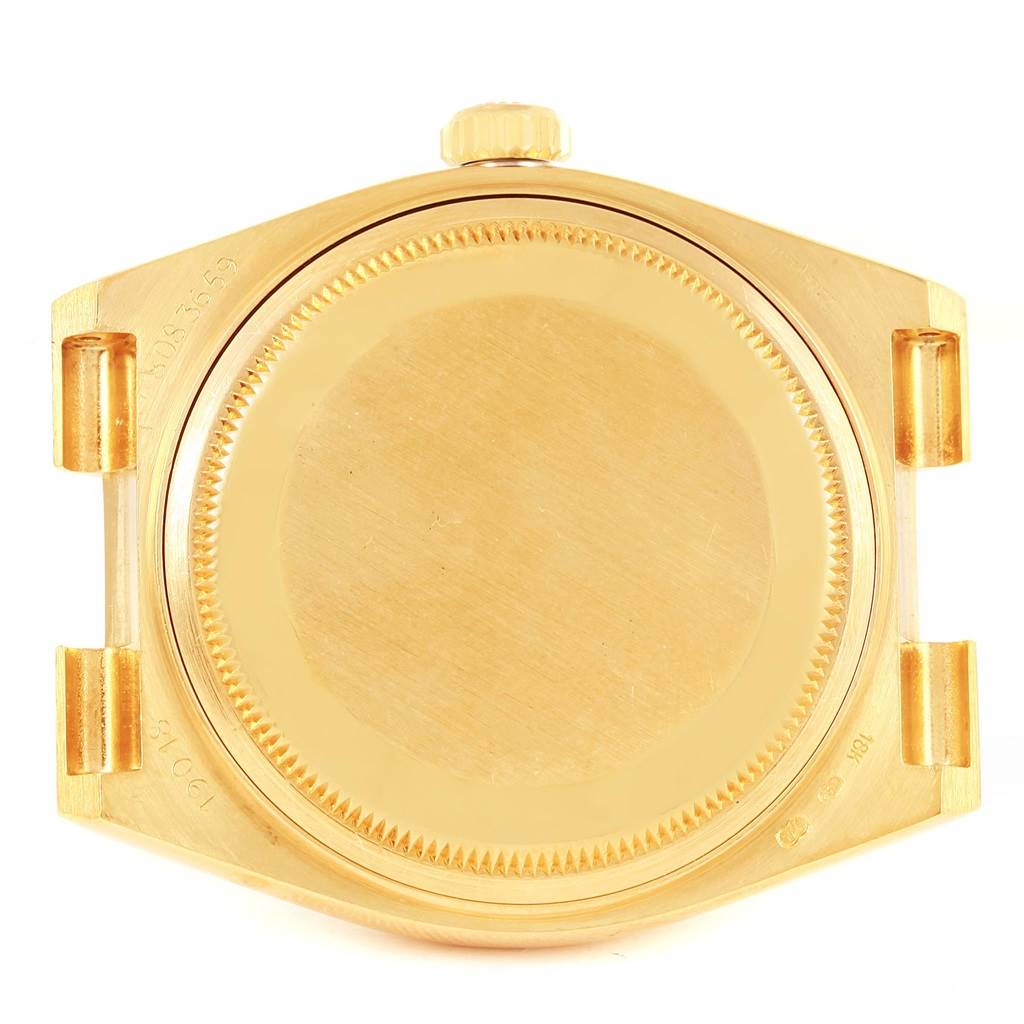 The image shows the case back of a Rolex Oysterquartz 19018 Men's Stainless Steel Brown Dial 19018 Men's Stainless Steel Brown Dial watch, viewed from the rear.