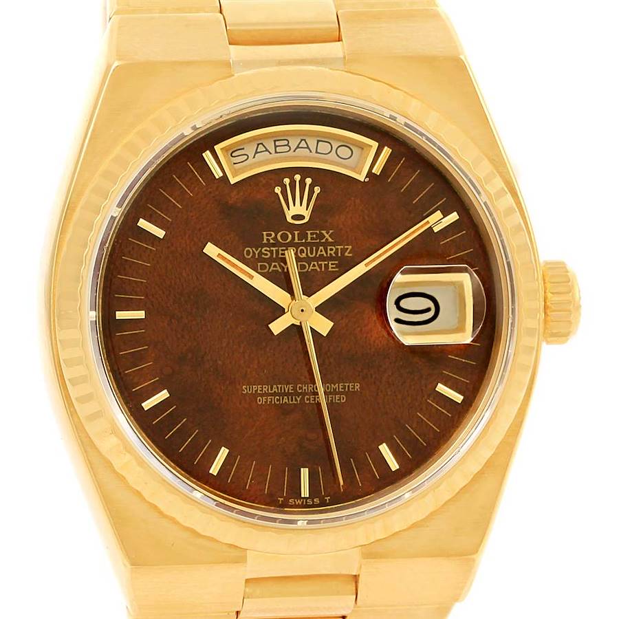 Rolex Oysterquartz President Day Date 18K Yellow Gold Wood Dial  Watch 19018 SwissWatchExpo